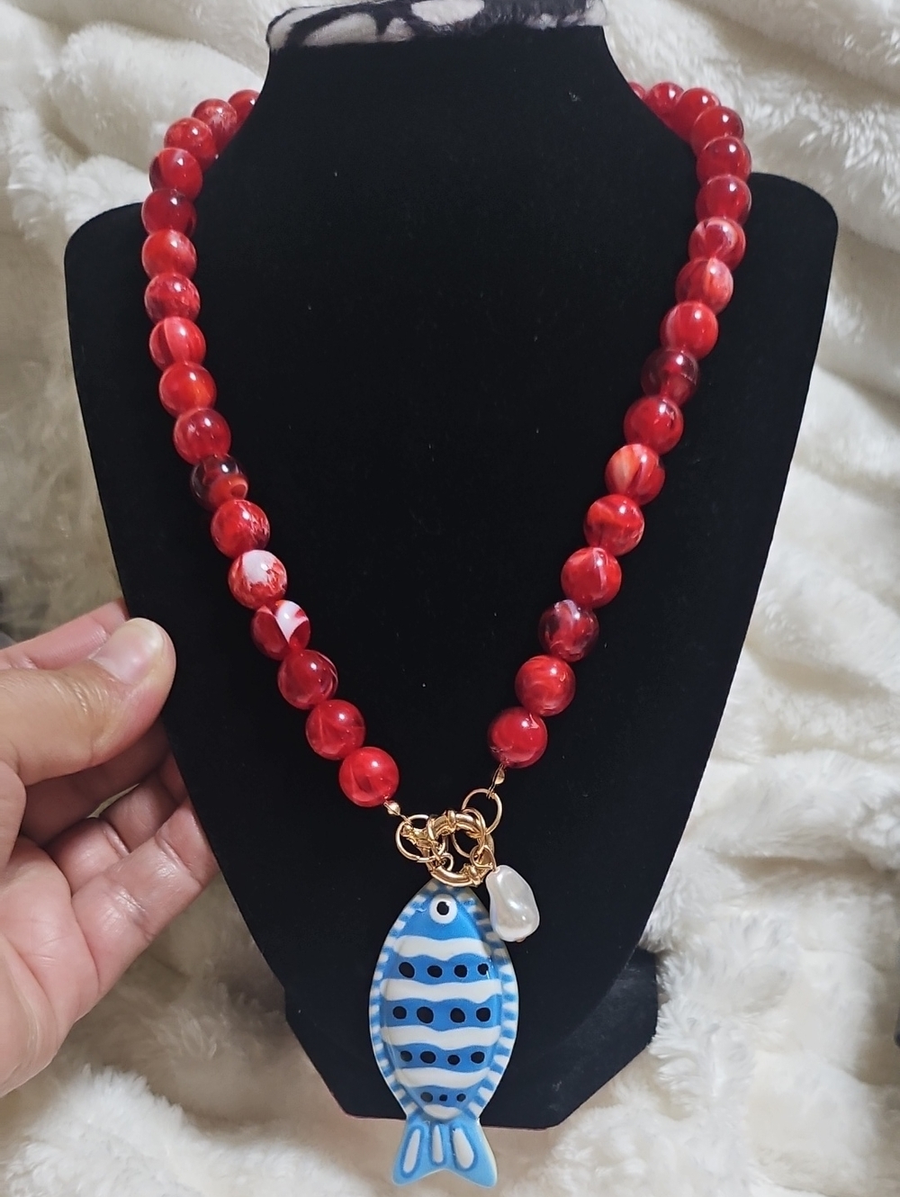 Red Beaded Necklace/bag Chrm with Blue Fish Pendant